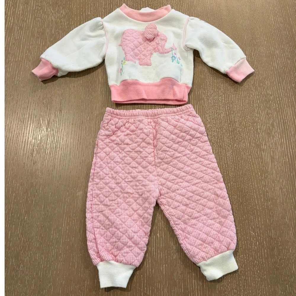 Vintage Baby Girls 3-6 Months Pink Elephant 2 Piece Quilted Outfit Set Pants